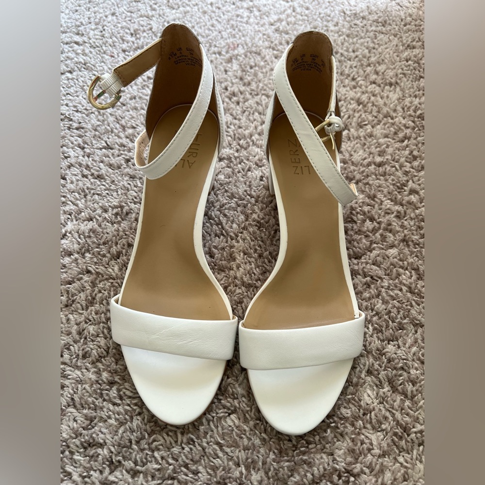Size 8.5 white heels - purchased for wedding but never used. Very comfortable!